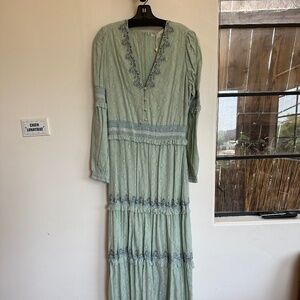 Jonathan Simkhai cotton boho embroidered seafoam green l/s maxi dress size L